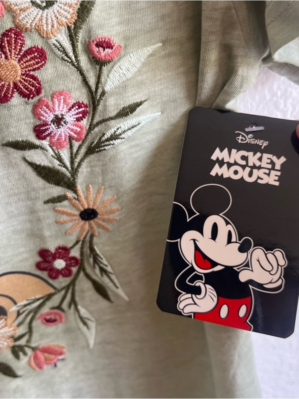 Disney Mickey Mouse Logo Flower Embroidered Tee Sage Green Size S NWT - Picture 12 of 12